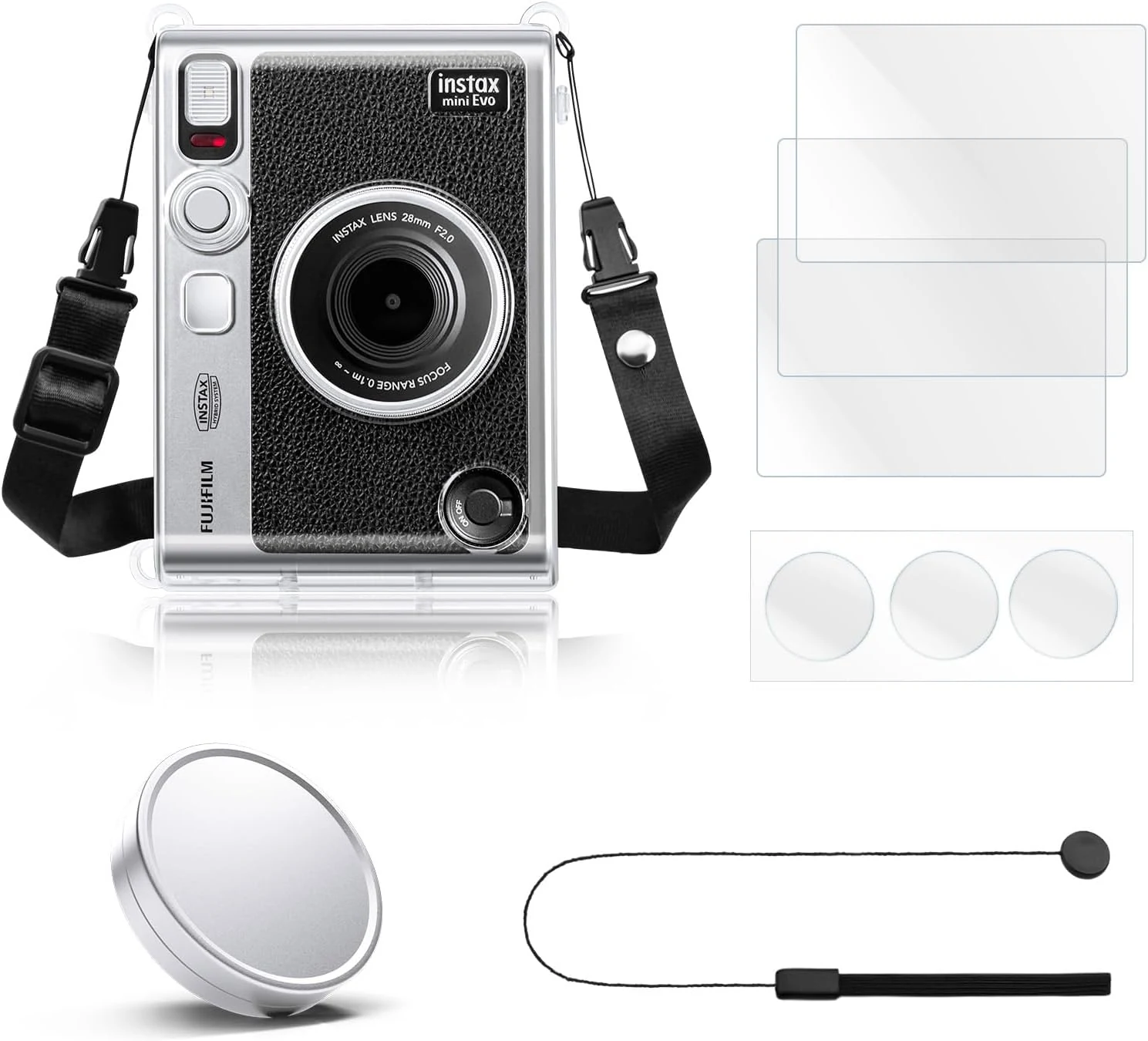 Rieibi Accessories for Fujifilm Instax Mini Evo Instant Camera Bundle Includes Clear Case, Lens Cap with Anti-Loss String & Screen Protector