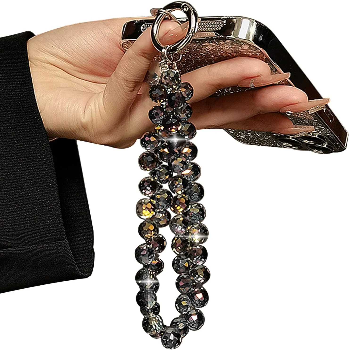 TENOC Beaded Phone Wrist Strap, Cellphone Lanyard Chain, Sparkling Wristlet Bracelet for Women, Black