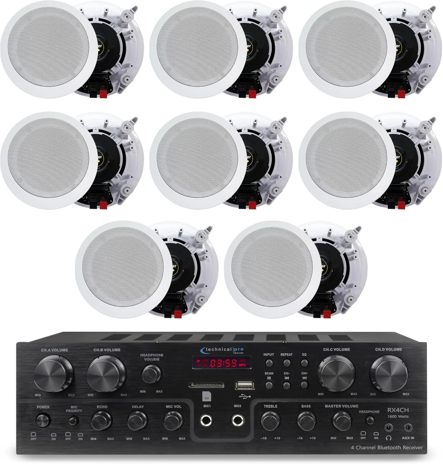 Technical Pro 4 Channel 1600 Watts 8 Speaker Bluetooth Home Theater Receiver System w/ 4 Pairs of 5.25” Ceiling Wall Mount 2-Way Mid Bass Woofer Ceiling Speakers - Home Theater Kit
