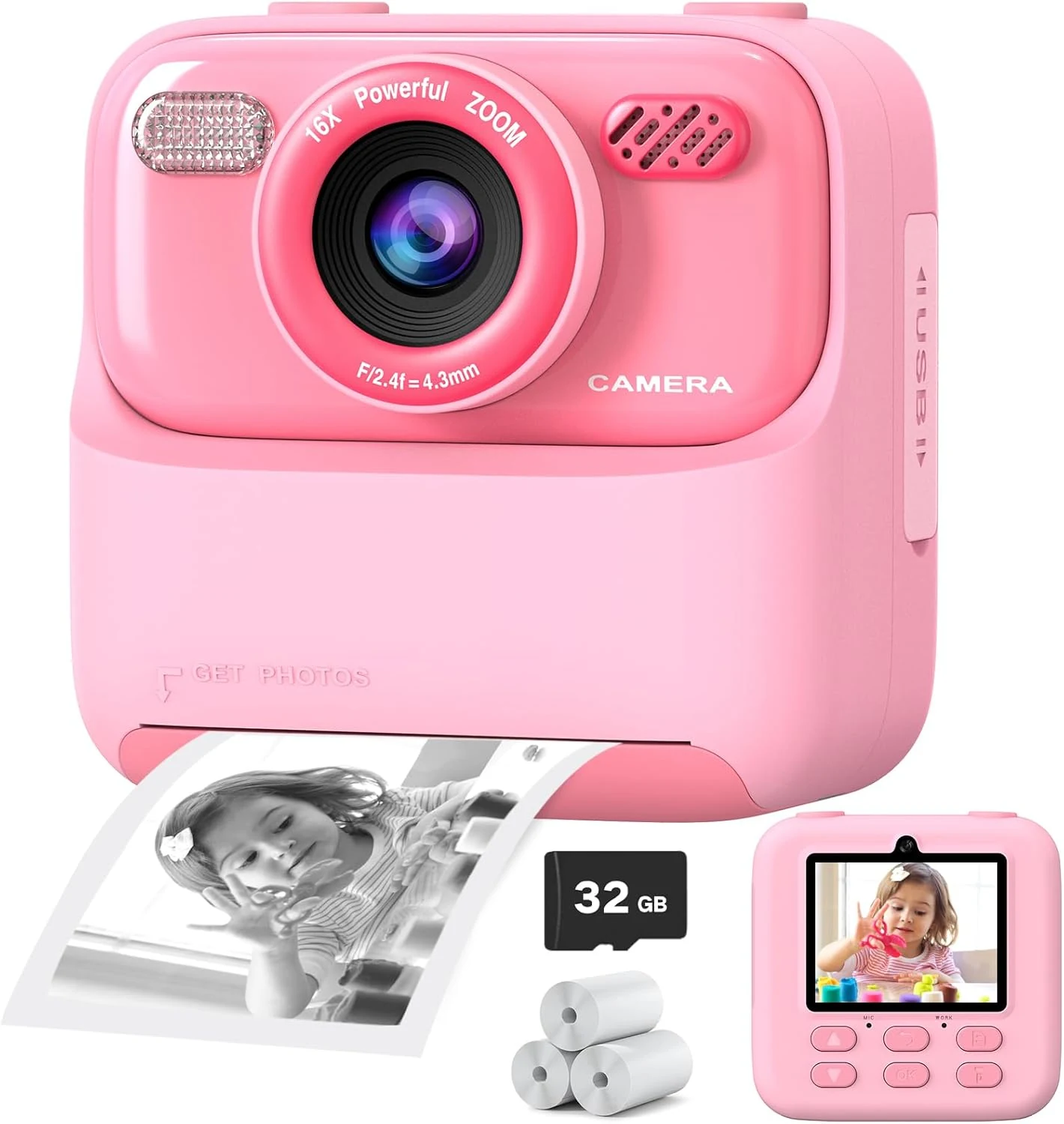 Kids Instant Digital Cameras for Boys and Girls, 1080P HD Dual-Lens Selfie Digital Camera with Print Paper & 32G Card