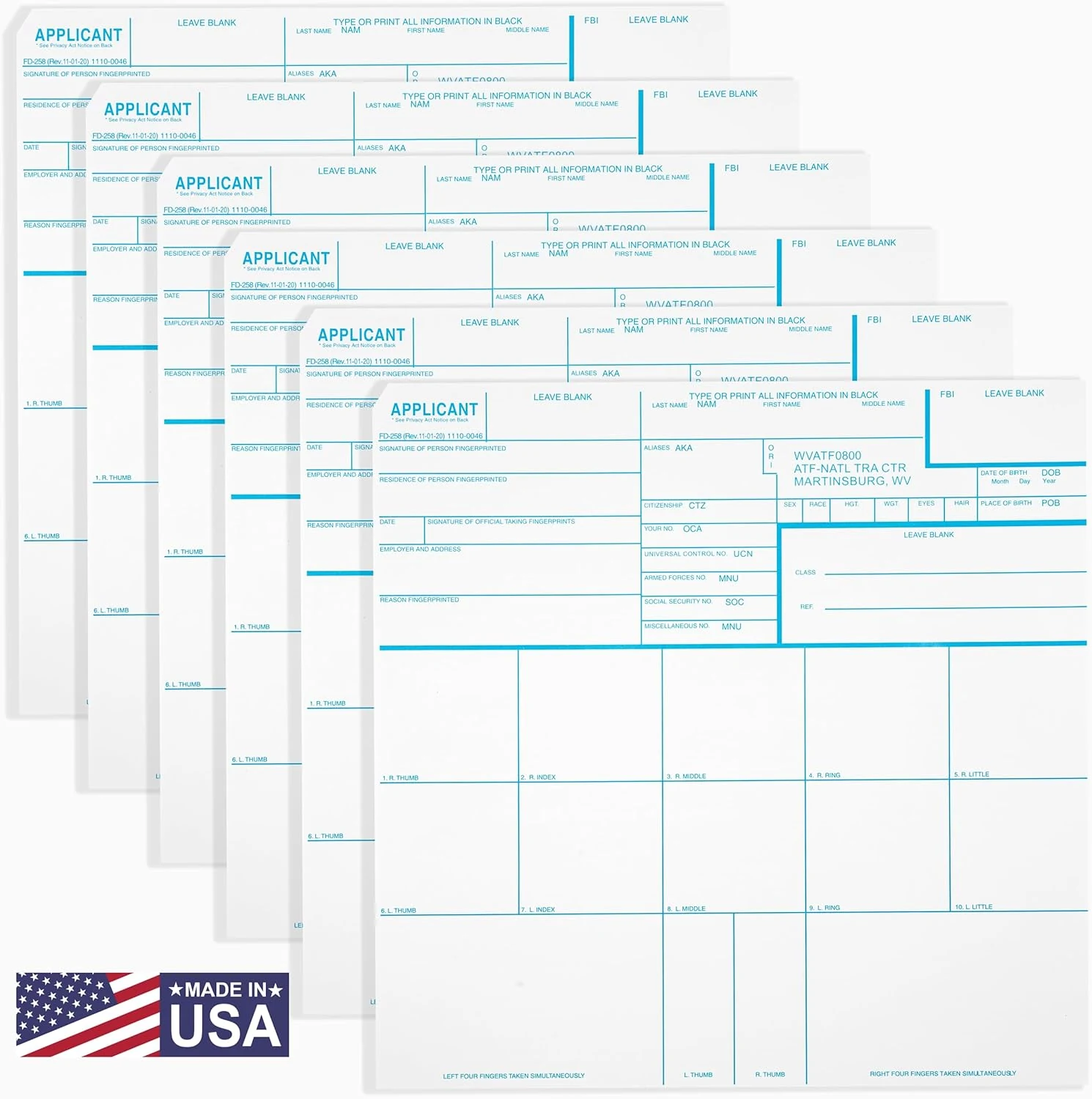 National Gun Trusts - Made in USA - FD-258 Fingerprint Cards 2026, 6 pack - 11-1-20 Version (ATF ORI)