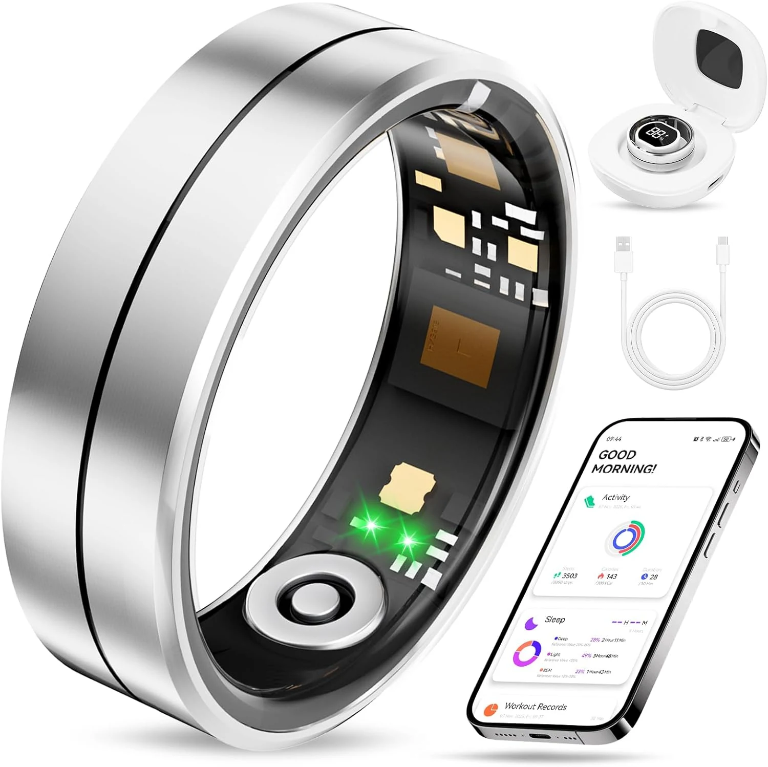Fvtga Smart Ring for Women Men, Health Tracker with Digital Charging Case (IP68)
