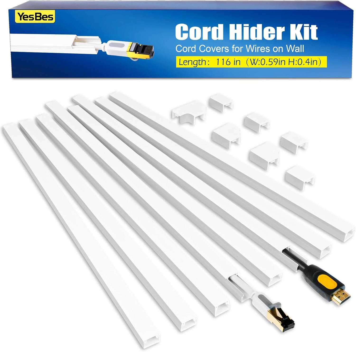 YesBes 116in Cord Hider Kit, Cord Covers for Wires on Wall