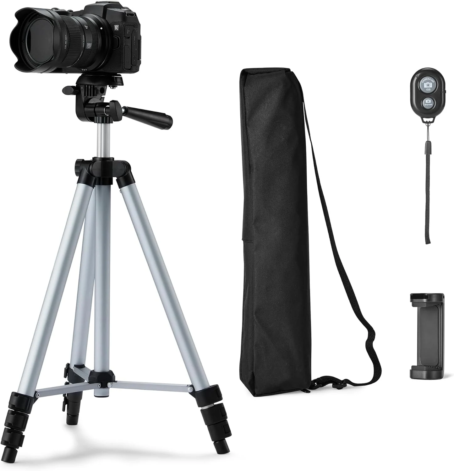 Amazon Basics 50" Lightweight Tripod for Camera and Phone with Travel Bag, Remote Control, Height Adjustable, 360-Degree Rotation, Aluminum, Silver
