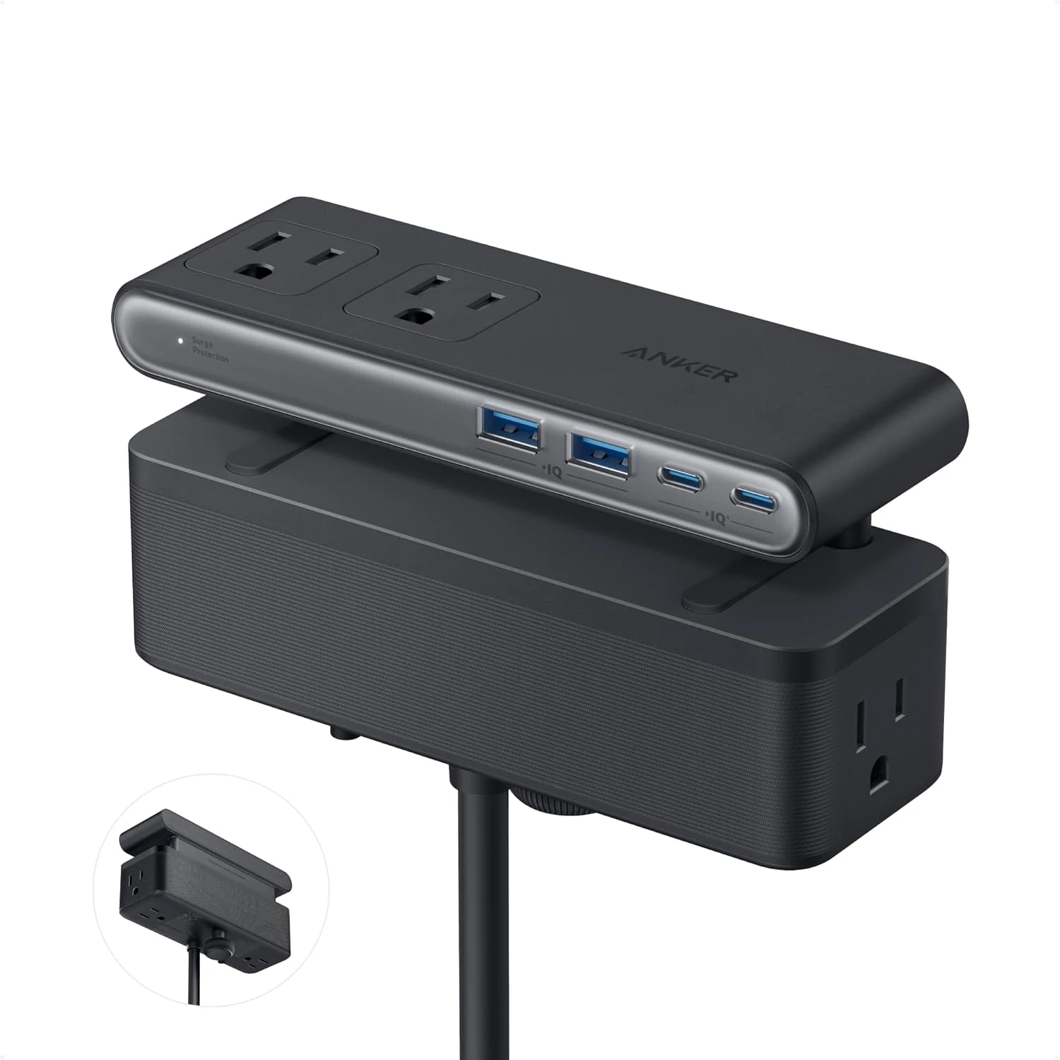 Anker Nano Power Strip, Desk Clamp with 1500J Surge Protector, 5ft Extension Cord, 70W Max