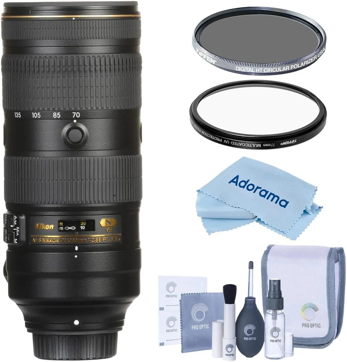 Nikon 70-200mm f/2.8E FL ED AF-S NIKKOR VR Lens with Tiffen 77mm Digital HT Circular Polarizing Filter, UV Filter, Complete Cleaning Kit, Cleaning Cloth