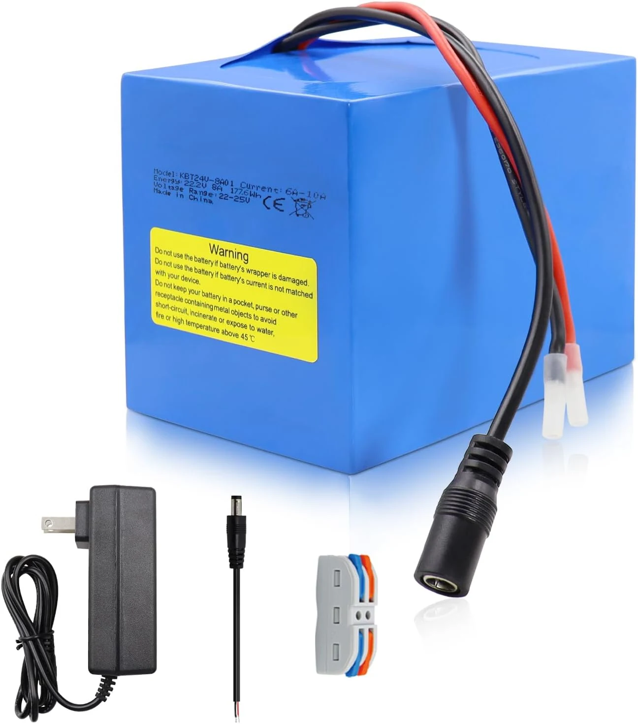 KBT 24V 8Ah Rechargeable Lithium Battery with Charger, Charging Cable, Cable Connector