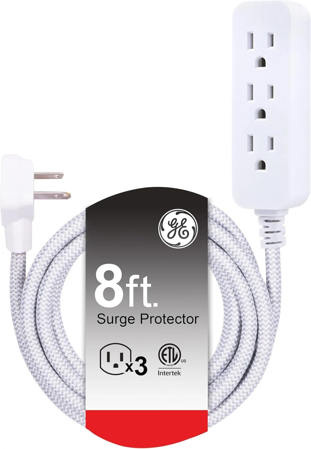 GE 3-Outlet Power Strip 8 Ft Braided Extension Cord with Multiple Outlets Grounded Flat Plug (38433)