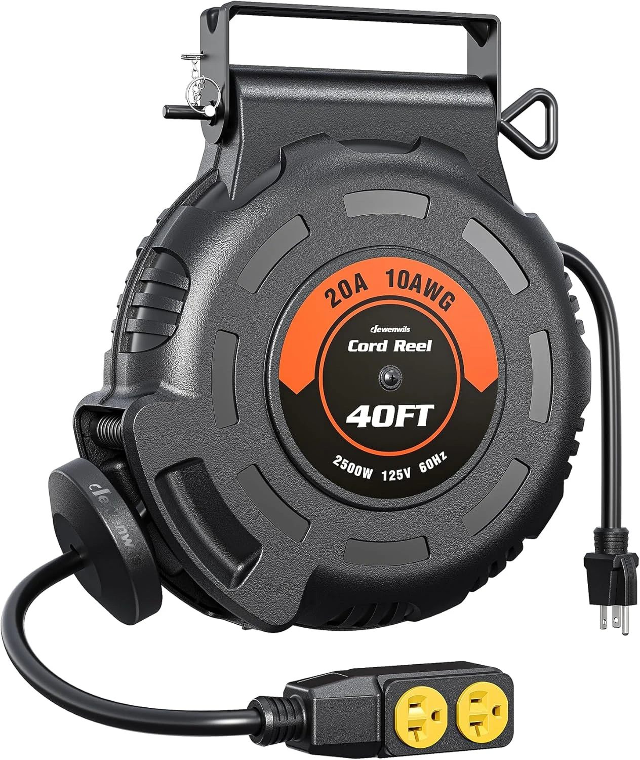 DEWENWILS 10 Gauge Retractable Extension Cord Reel, 40FT 10AWG/3C SJTW Heavy Duty Power Cord, 4 Grounded Outlets, 20 Amp Circuit Breaker, 2500W, 180° Swivel Bracket for Ceiling/Wall Mount, ETL Listed
