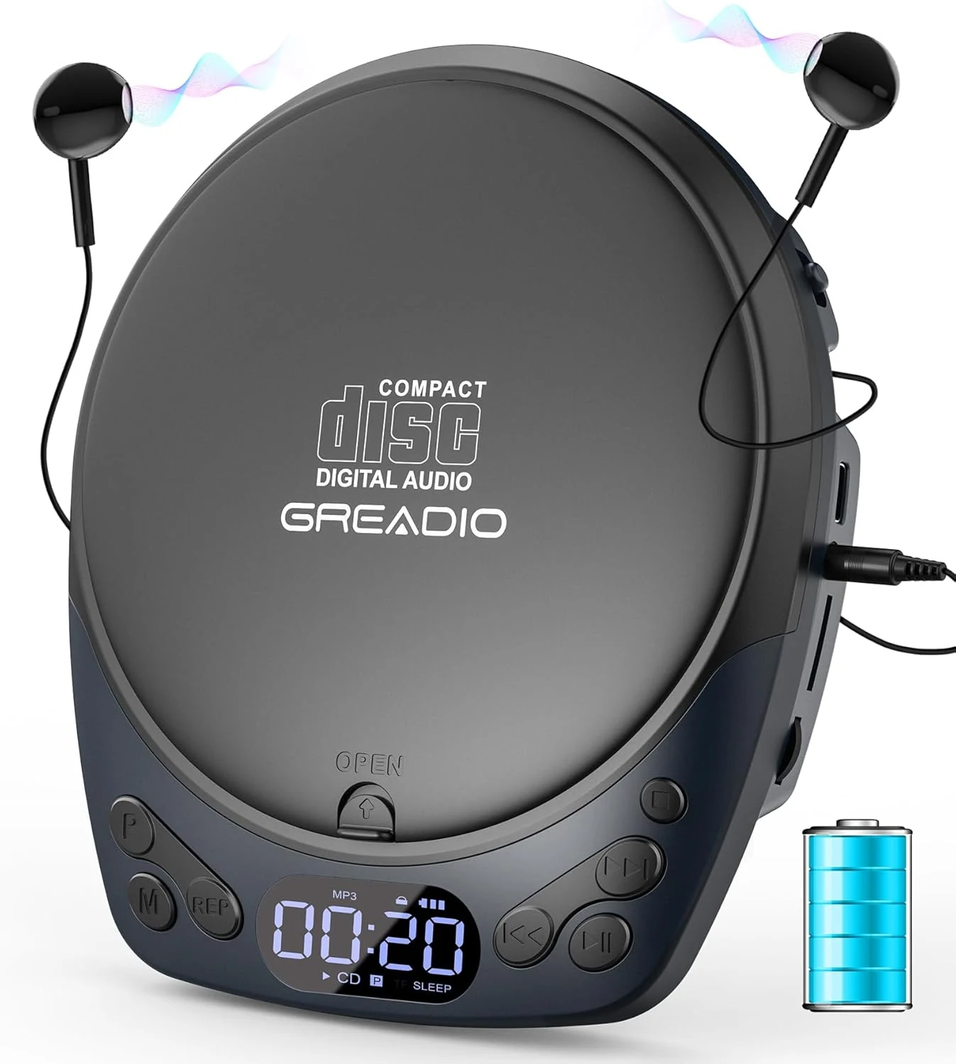Greadio portable CD player with headphones (CD/MP3, TF card, AUX, rechargeable, anti-skip)