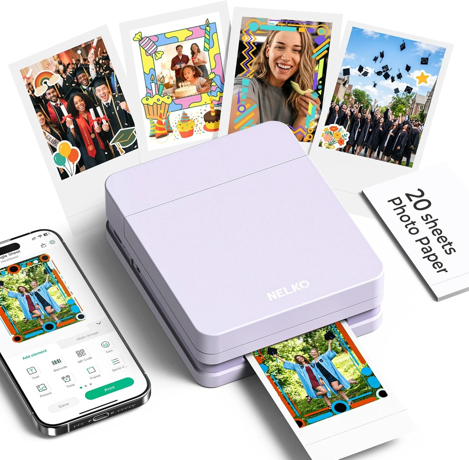 Nelko Photo Printer, 2x3 Portable Wireless Smartphone Printer, PP01 Mini Color Instant Inkjet Printer, Sticky-Back Photos, Bluetooth Compatible with iOS & Android, App Editing, Purple