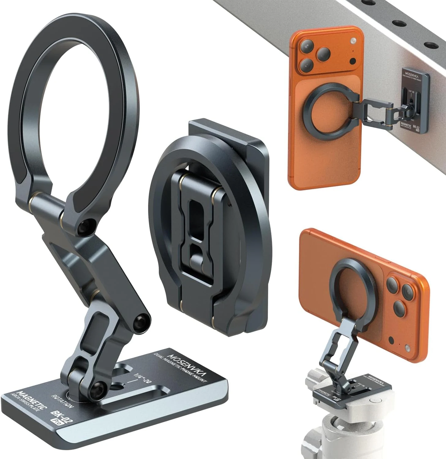 MOSENVKA Dual Magnetic Phone Holder Gym Magnetic Stand,Tripod Phone Mount (1/4'' Hole& ARCA-Swiss)