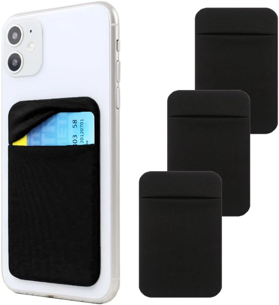 3Pack Adhesive Phone Pocket,Cell Phone Stick On Card Wallet,Credit Cards/ID Card Holder(Double Secure) with Self Sticker for Back of iPhone,Android and All Smartphones. (Black)