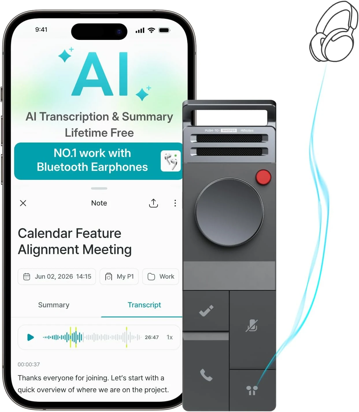 HiDock P1 AI Voice Recorder: Smart Voice Recorder Work with Bluetooth Earbuds