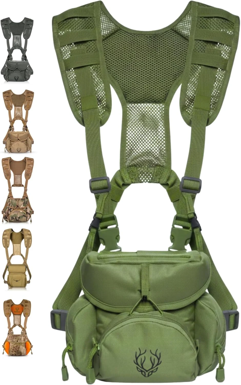 Binocular Harness Chest Pack - Lightweight Bino Harness with Rangefinder Pouch, Silent Hunting Chest Rig and Binocular Case w/ MOLLE system, Veteran Owned Gear, Green