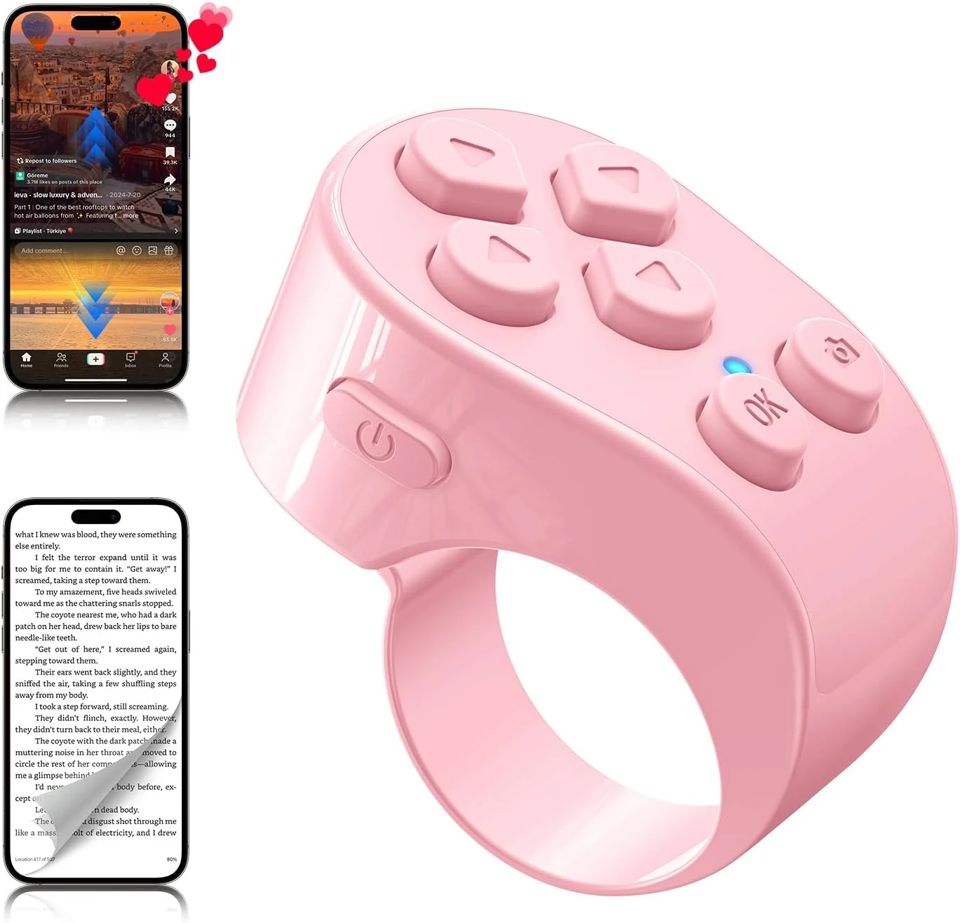 TikTok Scrolling Ring Remote Control, Page Turner for iPad iPhone & Android Tablet (Pink)