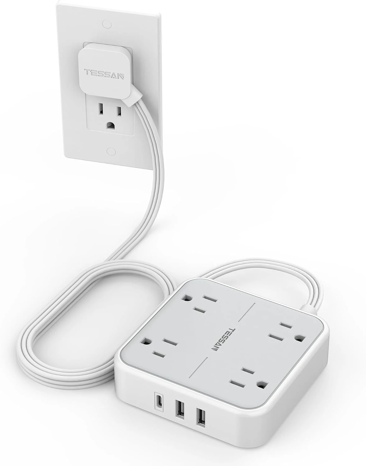 TESSAN Surge Protector Flat Extension Cord 5Ft, Flat Plug Power Strip with 4 Outlets 3 USB Ports (1 USB C), 900 Joules Protection, Multiple Wall Outlet Extender Suitable for Home Office Dorm, Grey