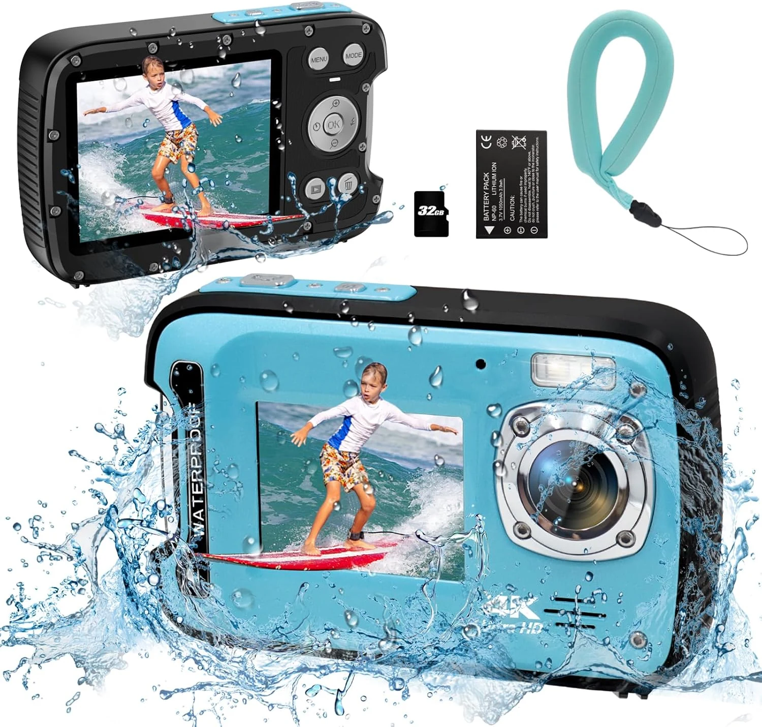 Underwater Camera 4K 48MP Autofocus Selfie Dual Screen Waterproof Camera (17FT, Dual-Screen, Floating Strap)