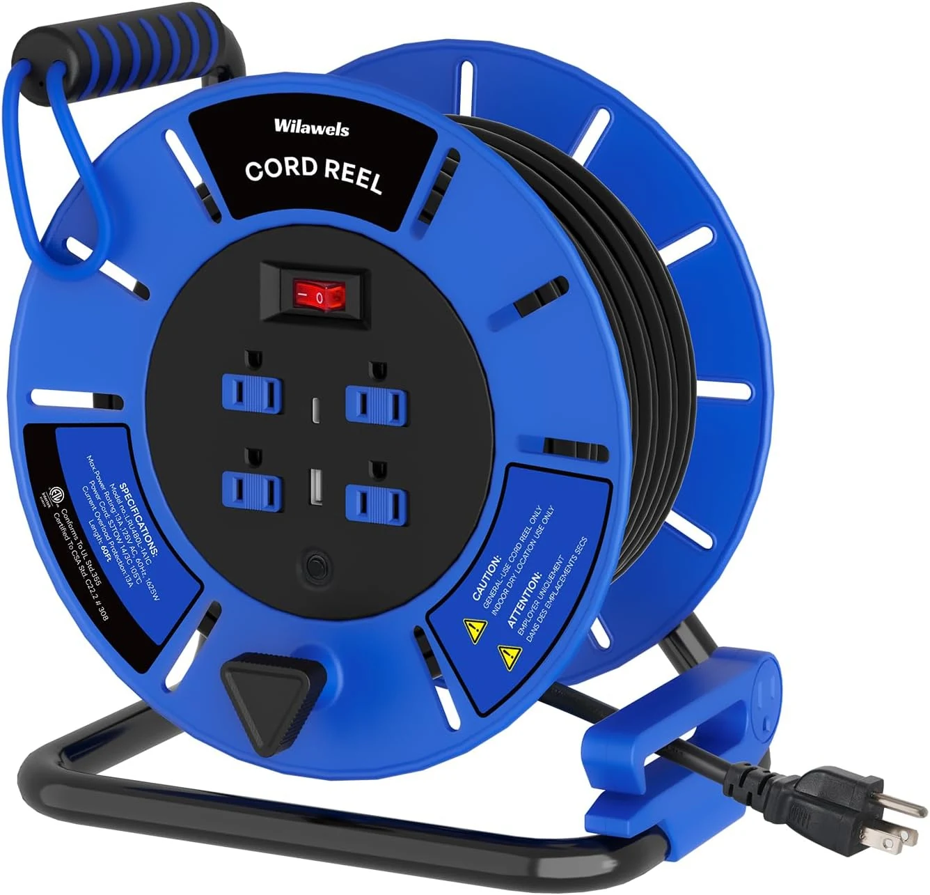 60 FT Retractable Extension Cord Reel, 14AWG Heavy Duty Power Cord with 4 Grounded Outlets, USB-A & USB-C Ports, 13A 1625W, Portable Hand Crank for Indoor Outdoor Use, ETL Listed U60ACR06