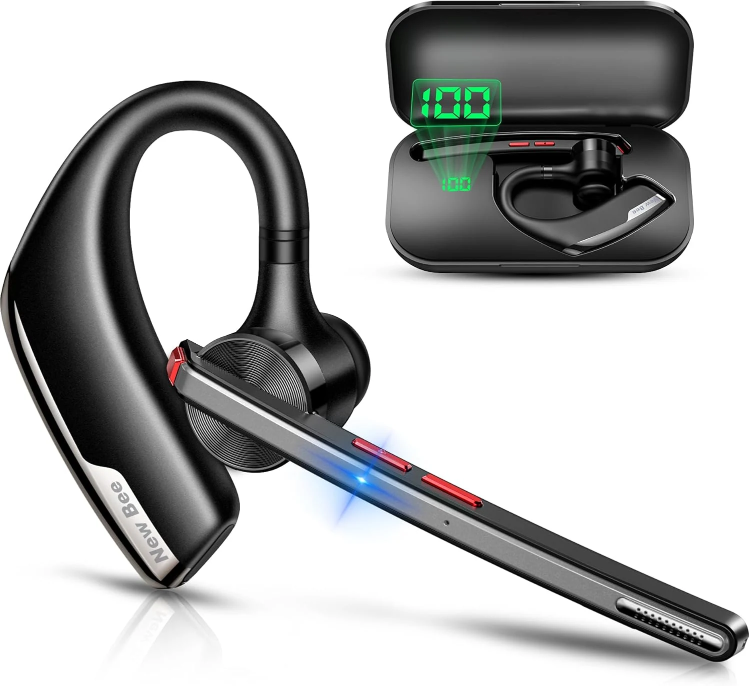 New Bee Bluetooth Headset, Wireless Bluetooth Earpiece for Cellphone with 500mah Charging Case 80h Playtime V5.2 Dual Mic Noise Cancelling Hands-Free Earphones