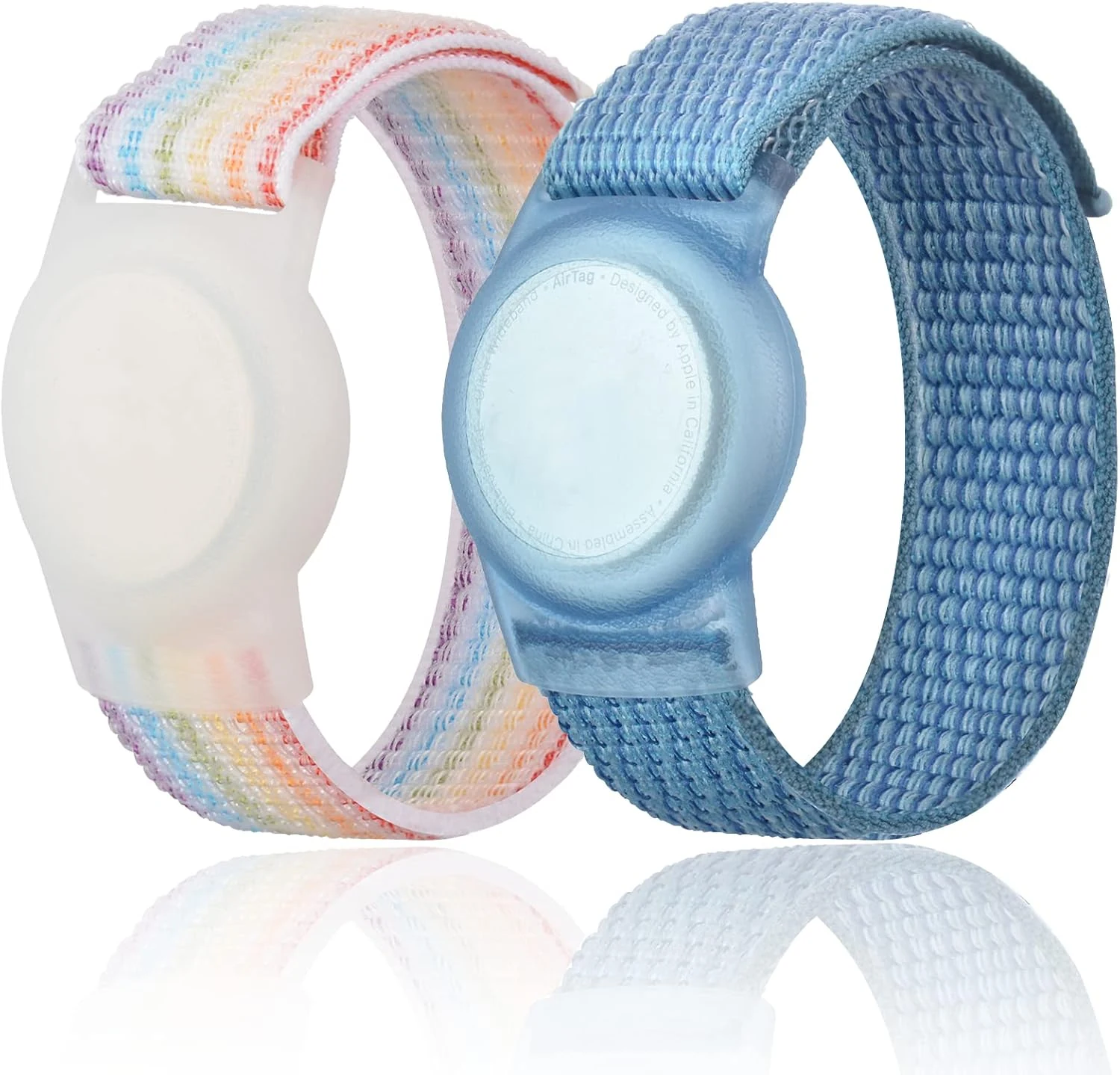 Kids Wristband Compatible with Apple AirTag, Protective Case for Air Tag GPS Tracker Holder with Nylon Bracelet, Adjustable Anti Lost Watch Band (Rainbow A & Blue)