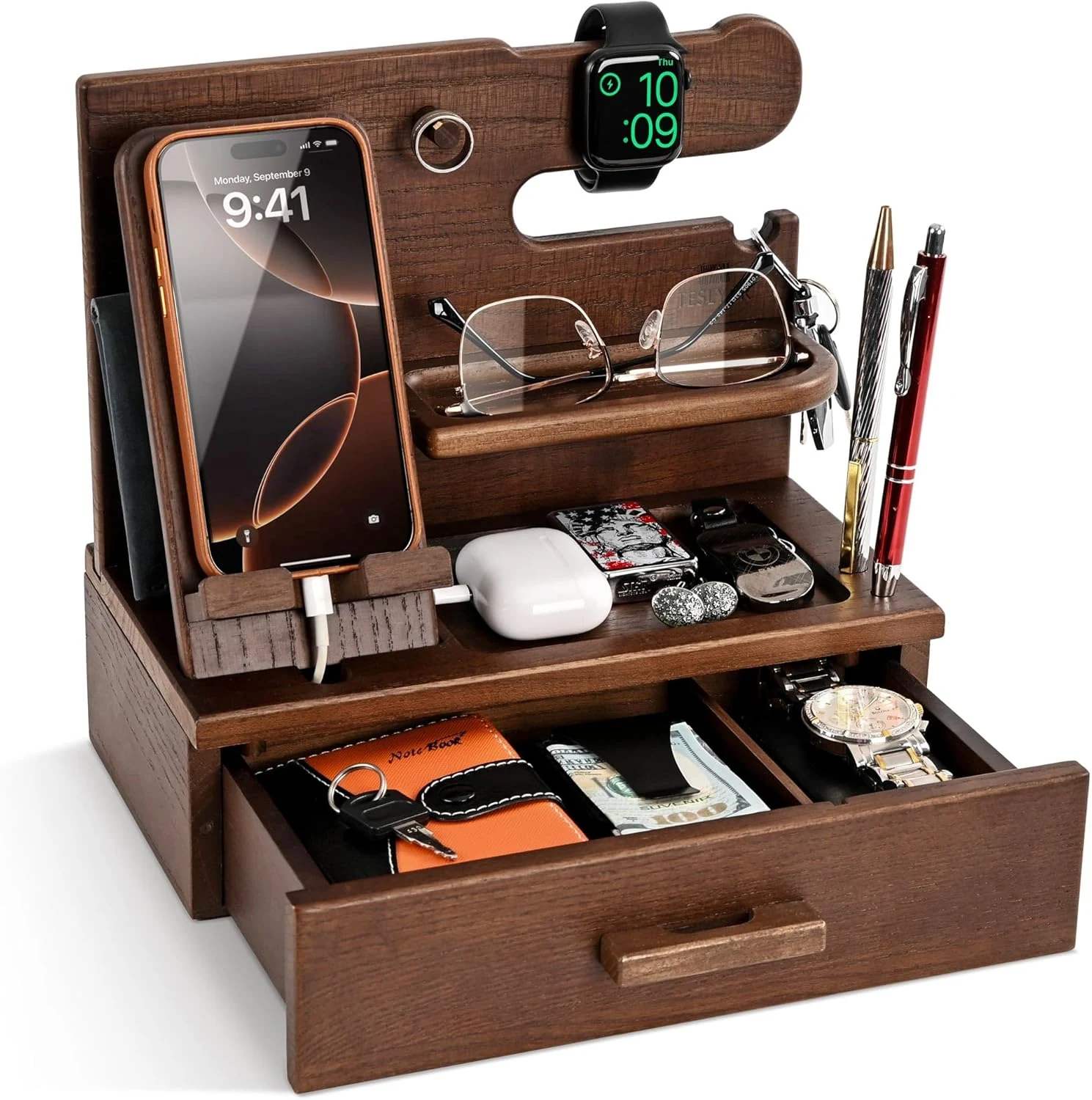 TESLYAR Wood Phone Docking Station with Drawer - Nightstand Organizer