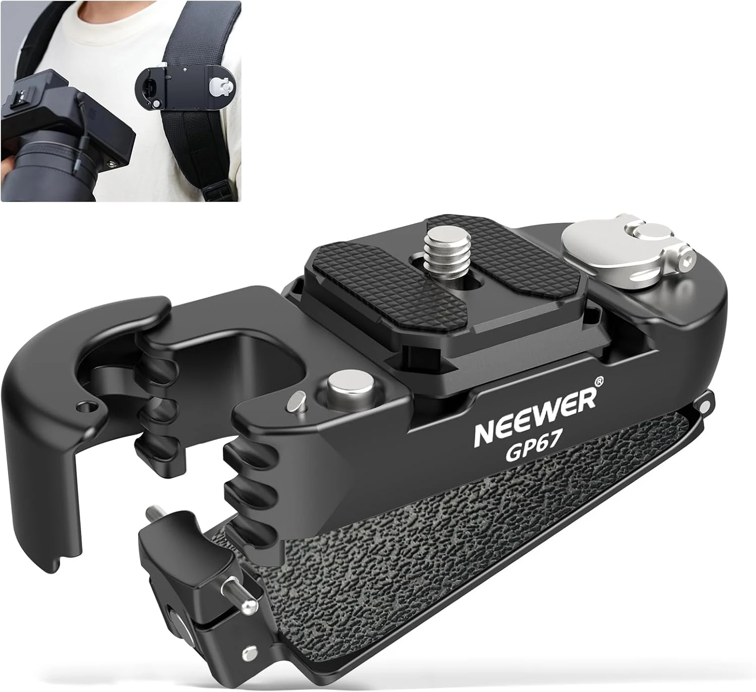NEEWER Backpack Camera Clip Mount with Square QR Plate, Upgraded Safety Latch, Quick Release Camera Belt Clip Backpack Strap (GP67)