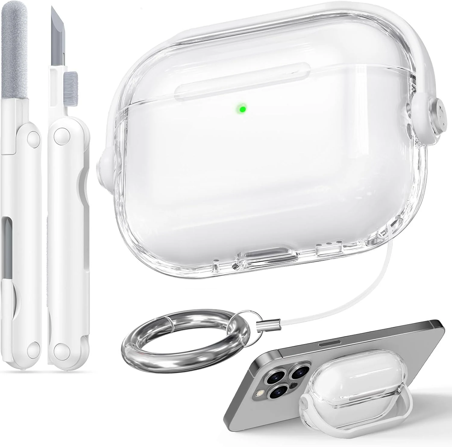 for Airpods Pro 3 Case Clear, Safety Lock Cases for Apple Airpod Pro 3 Case (2025) with Phone Stand & Cleaner Kit, Drop Protection Air pods Pro 3 Cover with Keychain, Clear + White