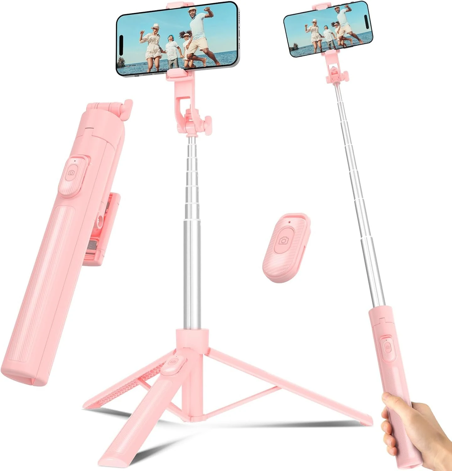 Liphisy Selfie Stick Travel Tripod for Cell Phone with Remote Control and Phone Holder (63 Inch, Pink)