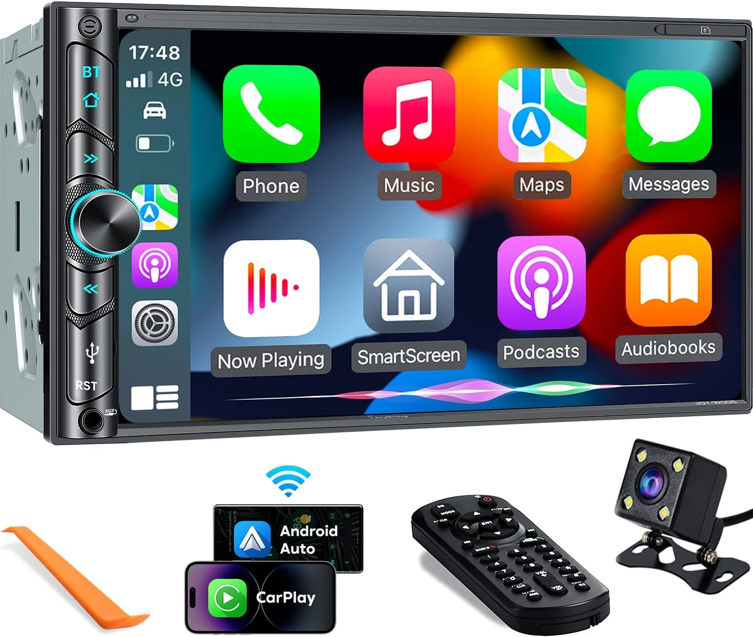 SJOYBRING Upgrade Wireless Double Din Car Stereo with Carplay, Android Auto, Bluetooth, 4-Channel RCA, High Power, 7" HD Touchscreen, Backup Camera (JOY-W006)