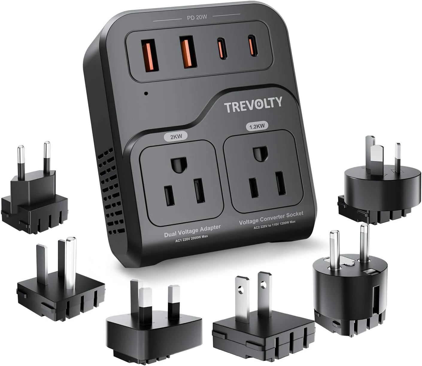 2000W Voltage Converter US to Europe, 220V to 110V Converter for Hair Dryer, 7-in-1 European Travel Plug Adapter with 3AC/2USB-A/2USB-C (PD20W)