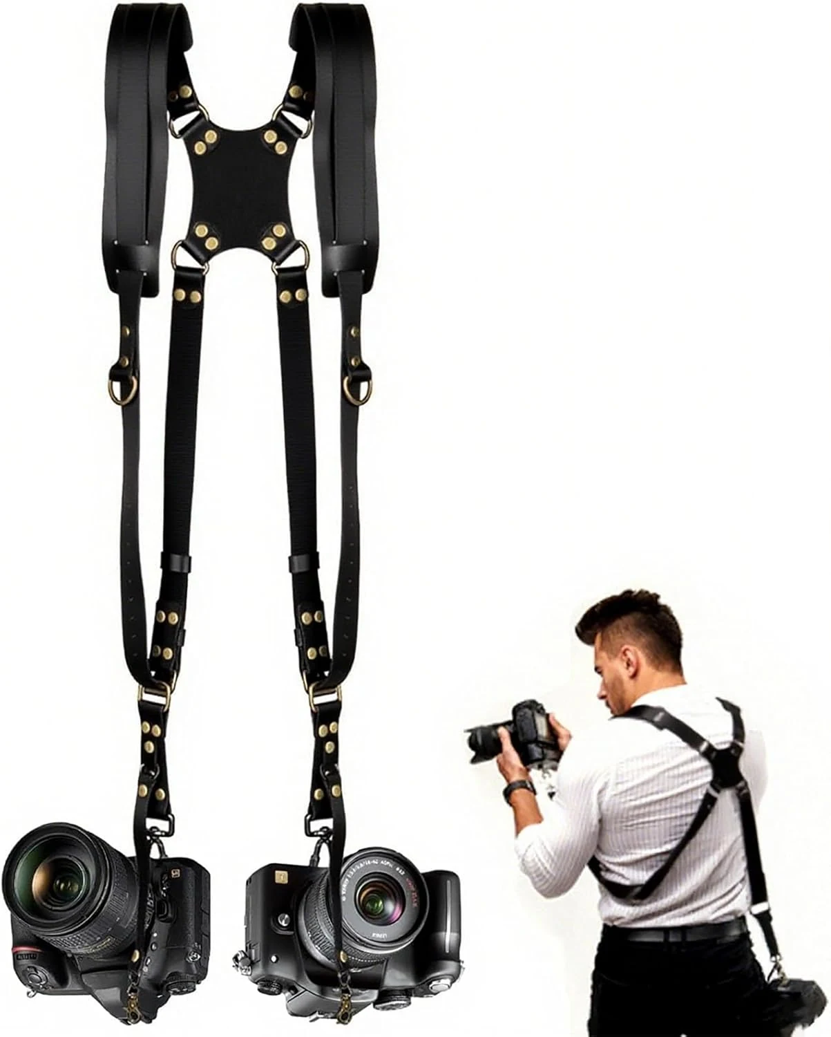 Camera Harness, Black Camera Straps for Photographers, Leather Dual Camera Strap for Two DSLR/SLR Cameras