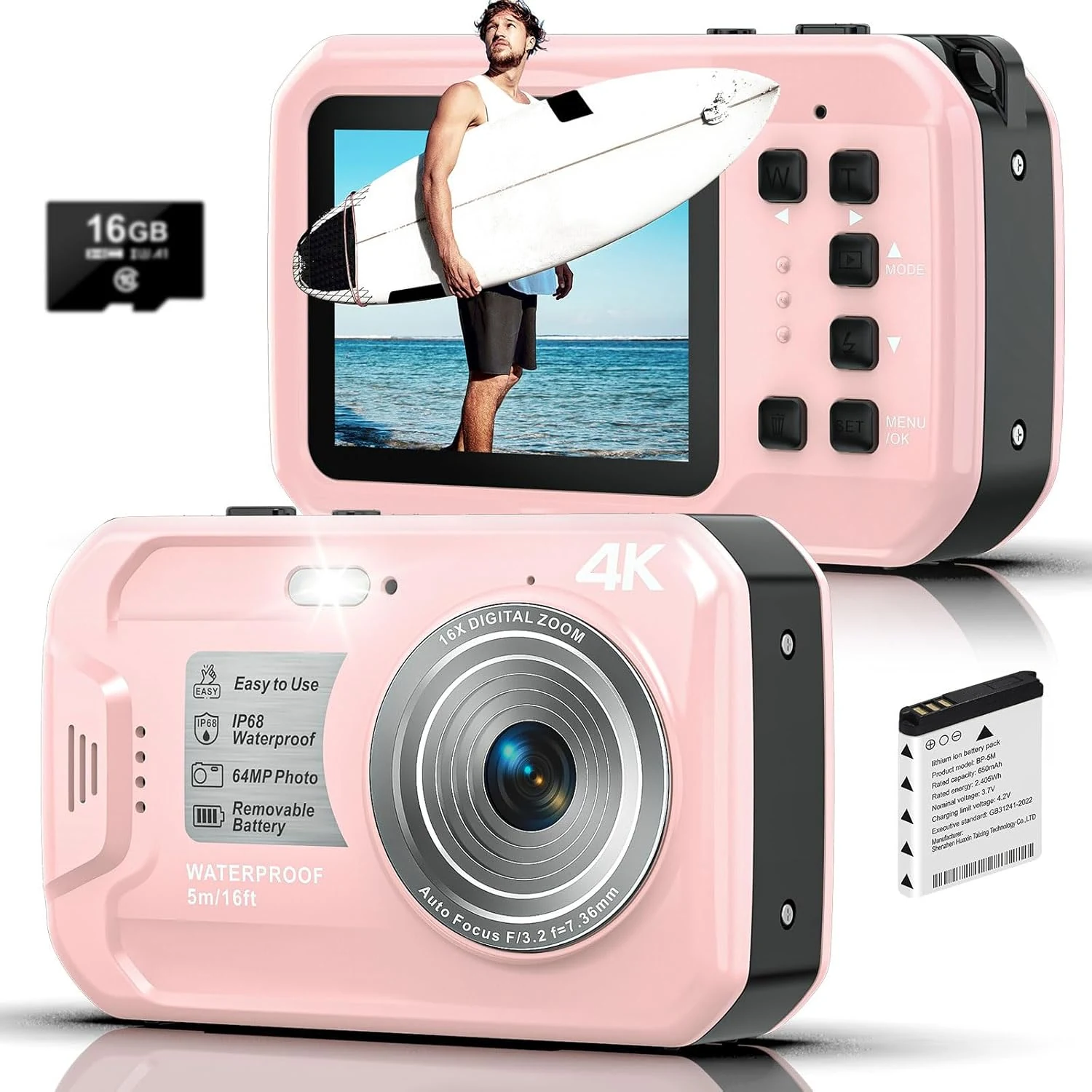 4K Underwater Camera, 64MP 16FT Waterproof Digital Camera with 16GB