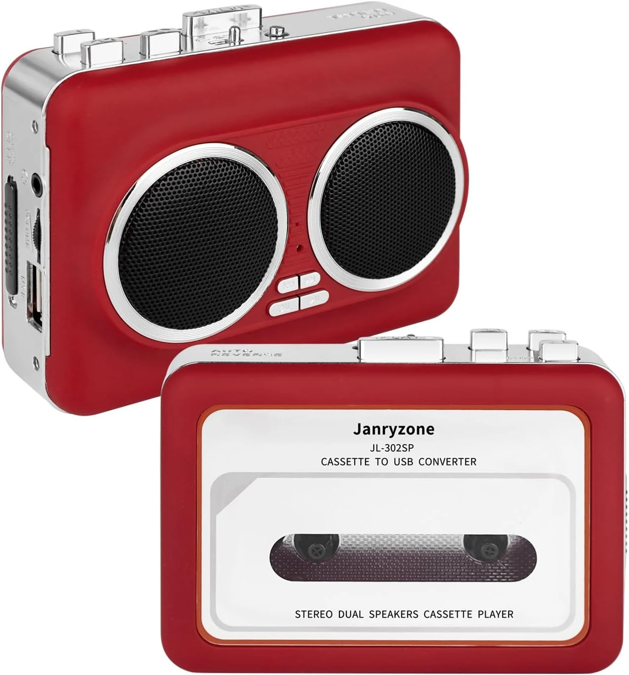 Janryzone Dual Speaker Pure Stereo & Auto Reverse Cassette Player (Portable Cassette to USB Converter)