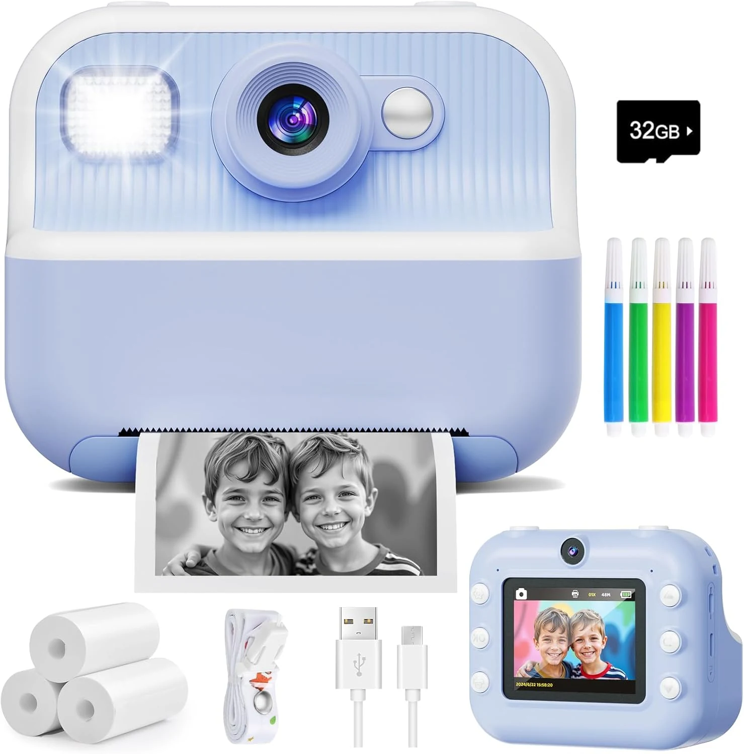 Instant Camera, Front Rear Dual Selfie Kids Camera with 1080P Videos