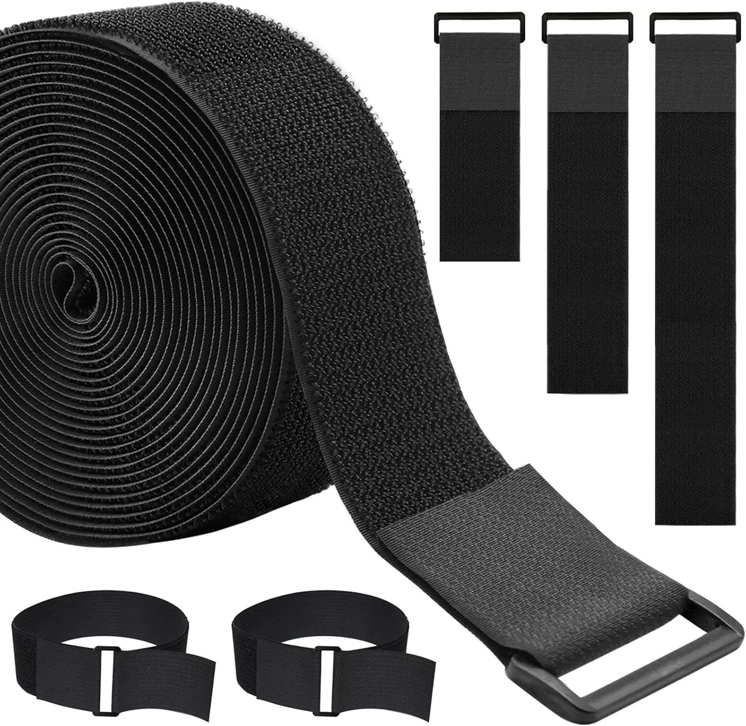 1.5In x 16Ft Cinch Straps Heavy Duty With 20 Buckles, Black Nylon Hook and Loop Straps, Reusable Long Cable Ties