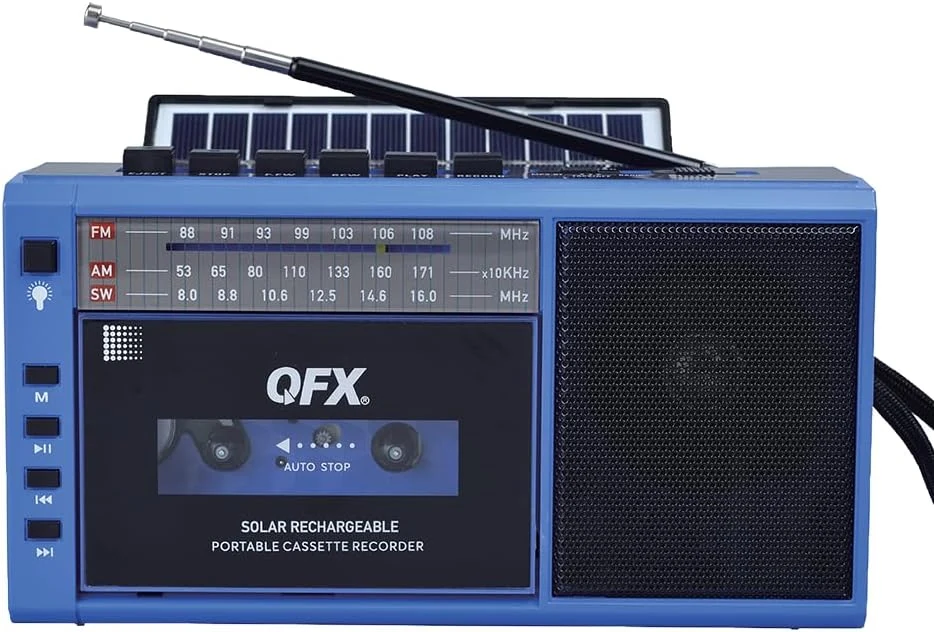 Cassette Player Recorder Boombox with Bluetooth and Solar Panel - AM/FM/SW Radio, USB/TF Card, Earphone Jack, Built-in Mic, LED Light - Portable Retro Tape Player - Blue - QFX