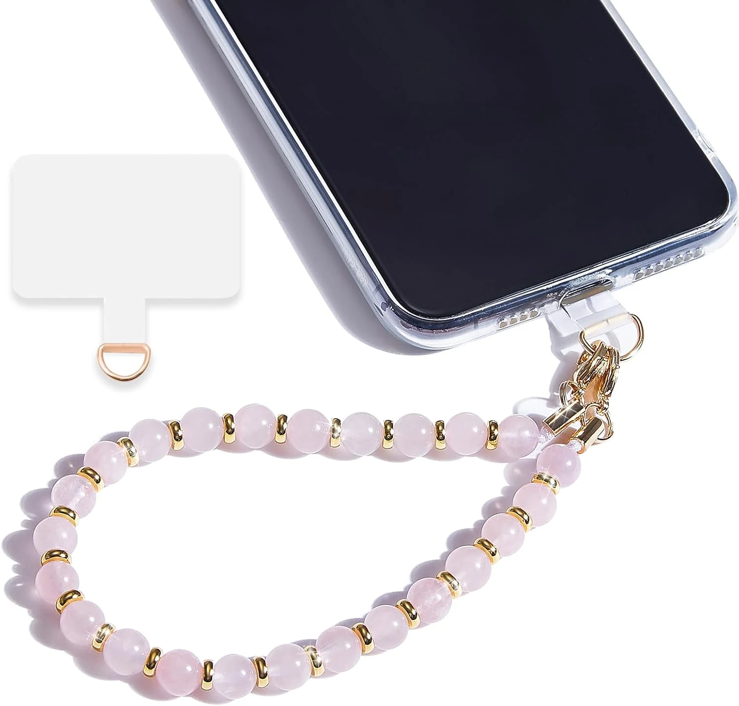 Marble Beaded Phone Wrist Strap,Detachable Phone Bracelet Strap with Tether Tab (Rose Quartz)