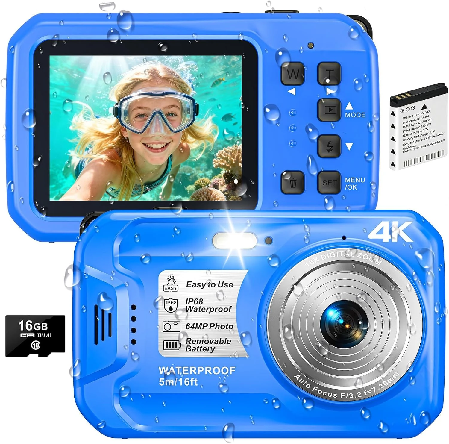 4K Underwater Camera, 64MP 16FT Waterproof Digital Camera with 16GB Card (Yifecial UP014)