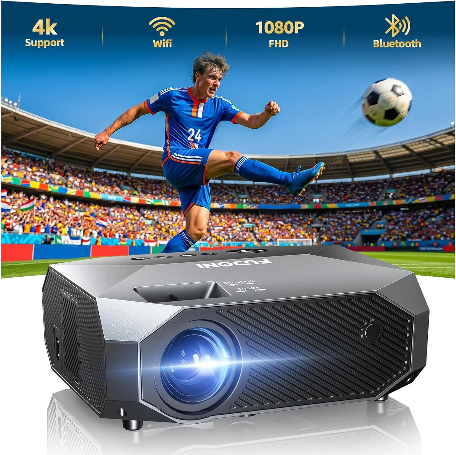 FUDONI Projector with WiFi and Bluetooth, Outdoor 4K Support 18000L (R7B)
