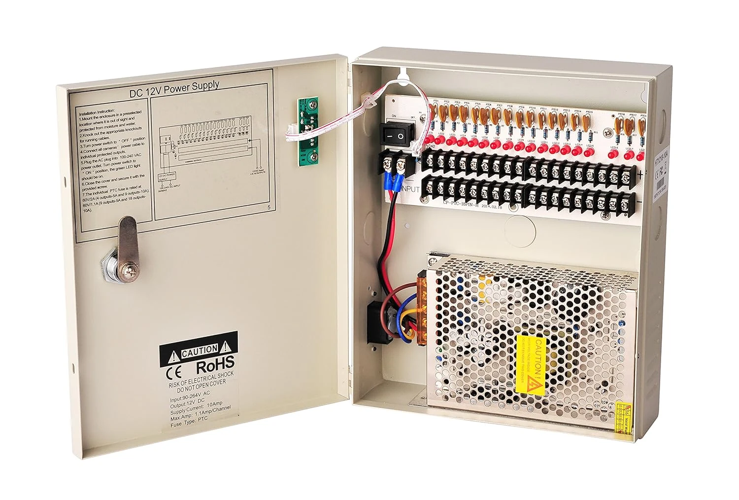EVERSECU 18 Channel DC12V 10 Amp Reset Fuse CCTV DC Distributed Power Box with AC Plug and Lock
