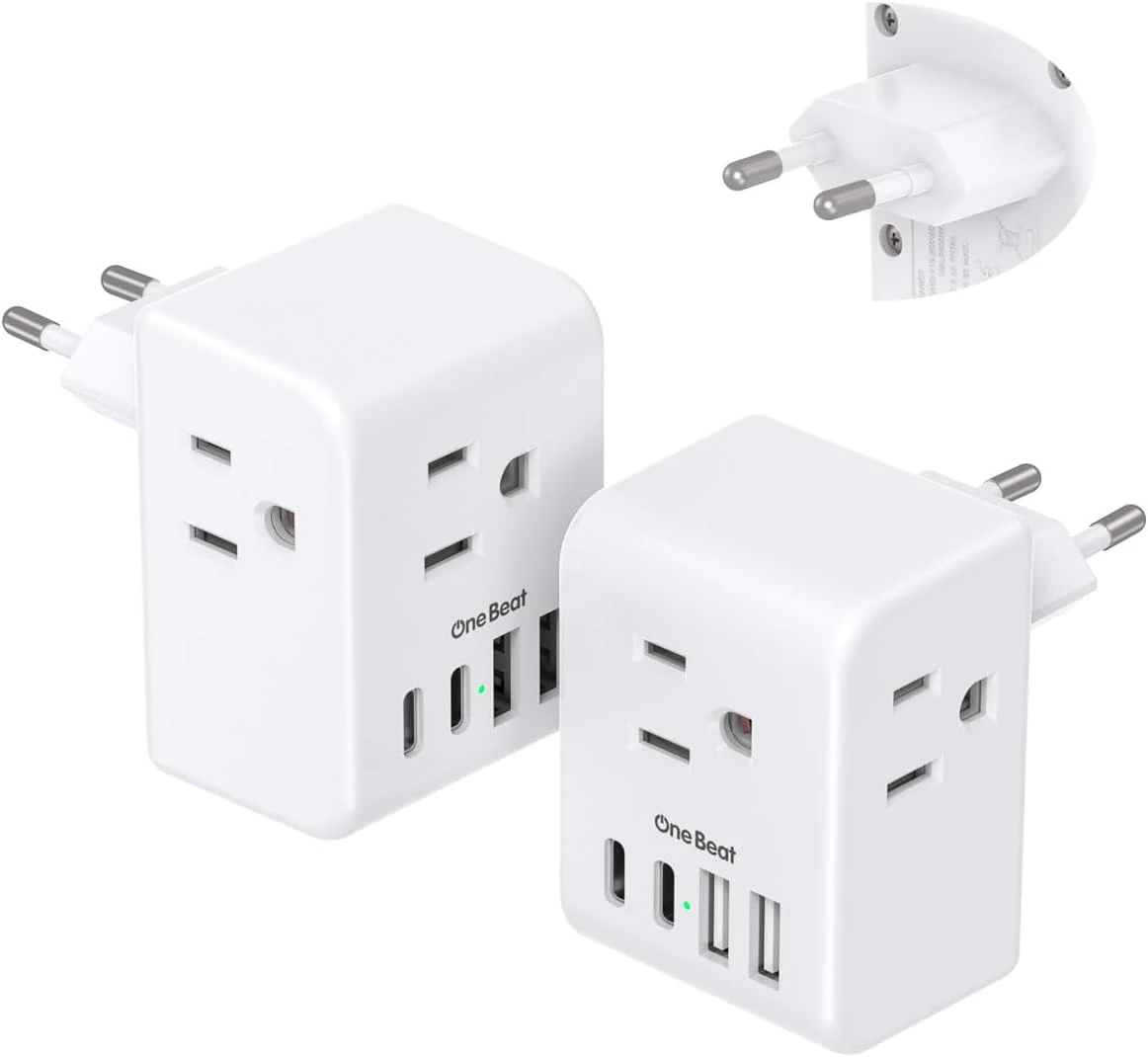 2 Pack European Travel Plug Adapter, International Power Plug Adapter with 3 Outlets 4 USB Charging Ports (2 USB C)
