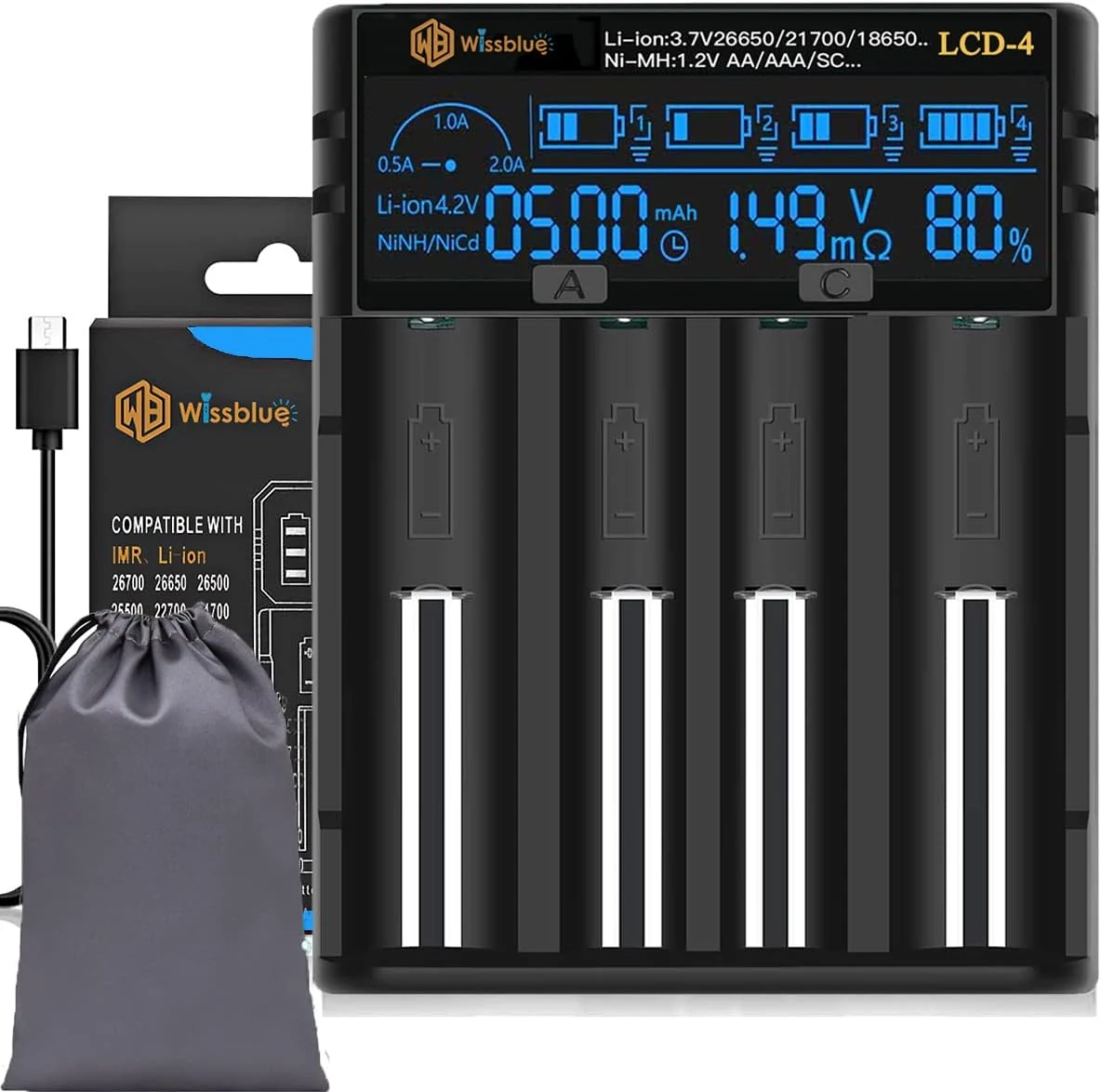 WISSBLUE 18650 Charger, Universal 26650 Battery Charger with LCD Screen Can Display Capacity, Adjustable Charging Speed, Suitable for Li-Ion Battery and 1.2v Ni-Mh/Ni-Cd AA AAA Battery