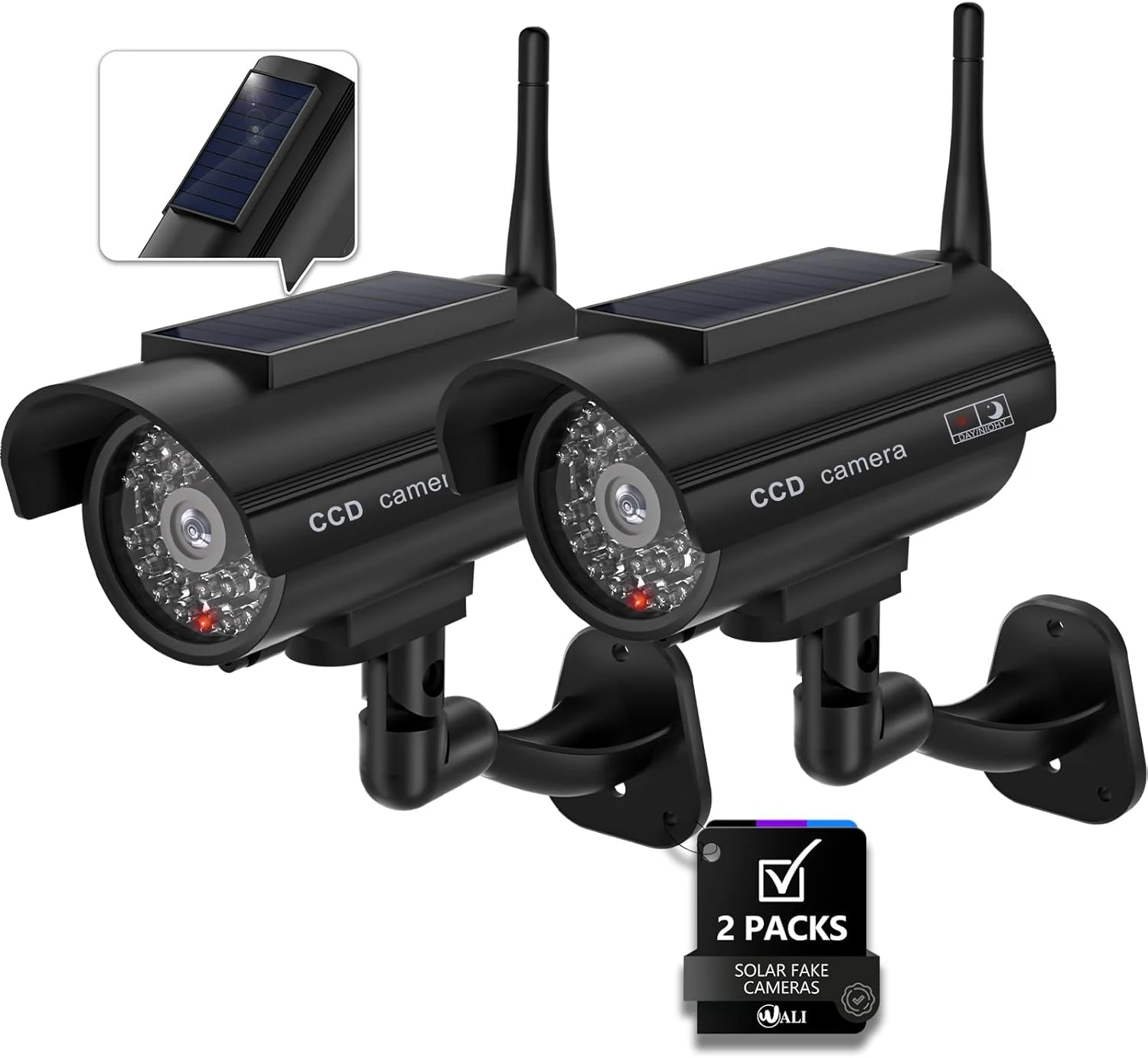 WALI Dummy Fake Camera, Solar Powered Fake Security Camera with LED Light (SOL-TCB2), 2-Pack