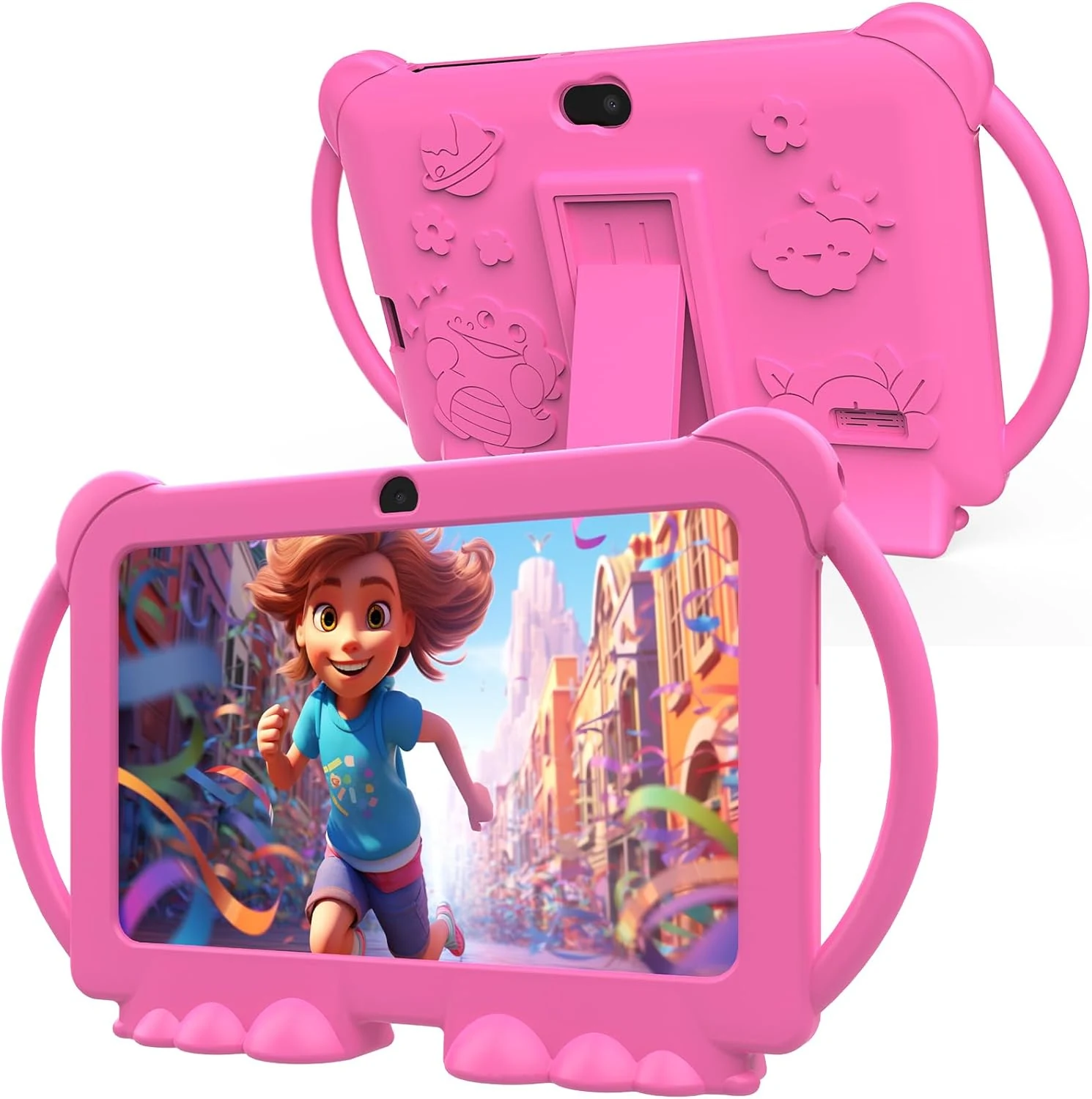 PEICHENG Kids Tablet 7 inch Android 12.0 for Toddler, 4GB RAM 32GB ROM Bluetooth IPS Screen Parental Control Dual Camera Shockproof Case (Pink)