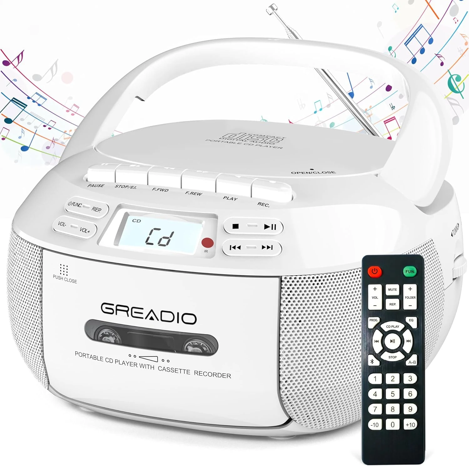 Greadio CD Player Boombox Cassette Player Combo with Bluetooth, AM/FM Radio, Stereo
