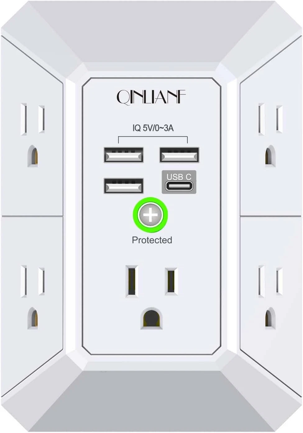 QINLIANF 5 Outlet Wall Charger Surge Protector with 4 USB Ports (3-Sided, 1680J)