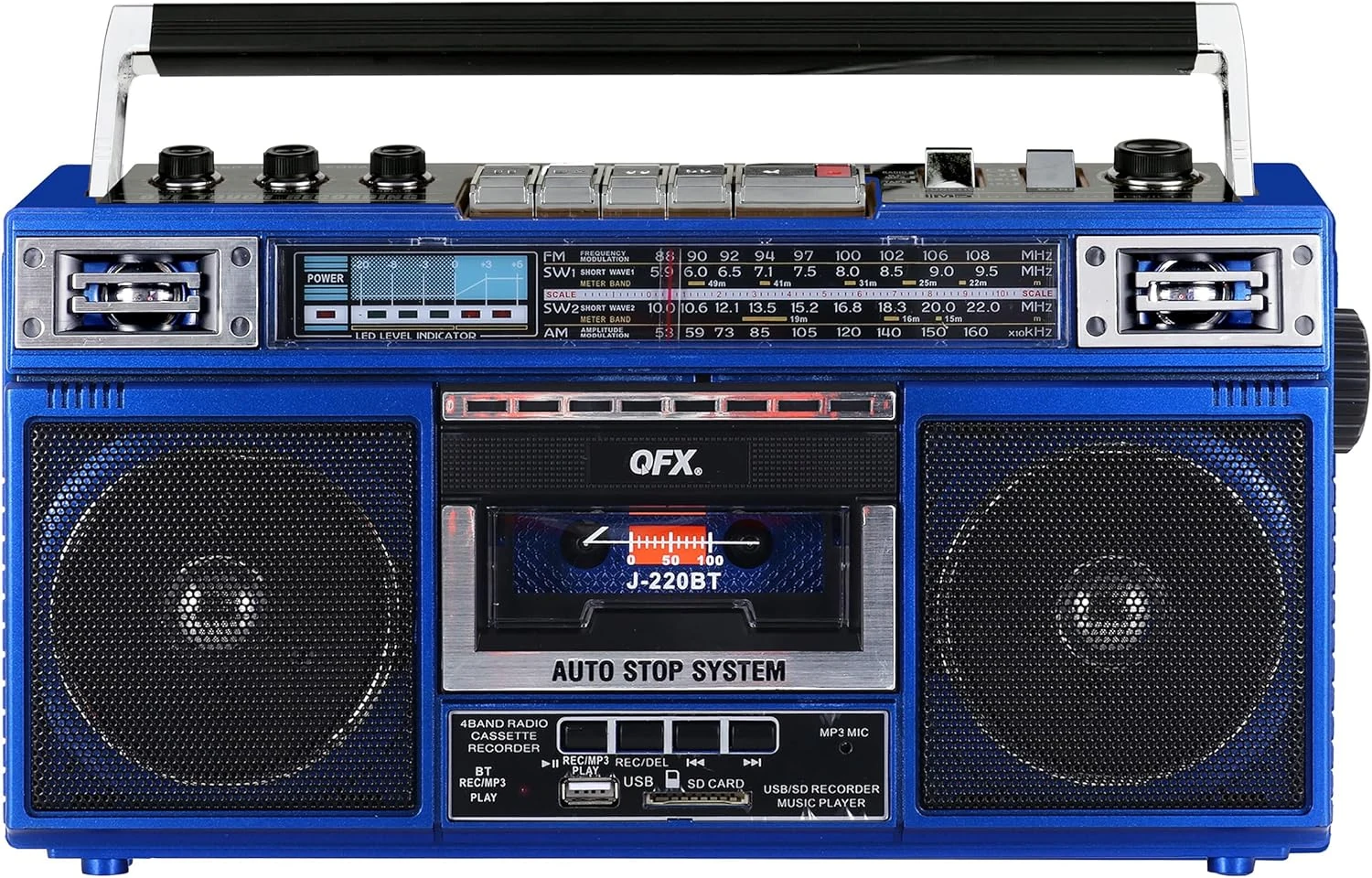 QFX J-220BT Blue Boombox MP3 Conversion from Radio to Cassette with 4-Band (AM, FM, SW1, SW2) Radio