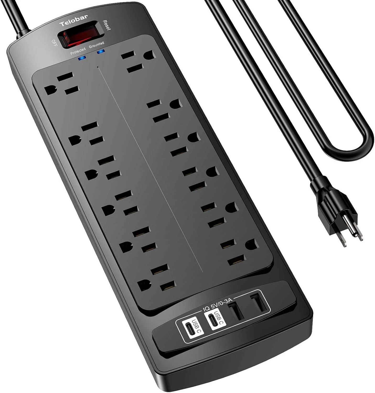 6 Ft Extension Cord Power Strip, Teiobar Surge Protector with 12 AC Outlets and 4 USB Ports (2700 Joules, ETL Listed)
