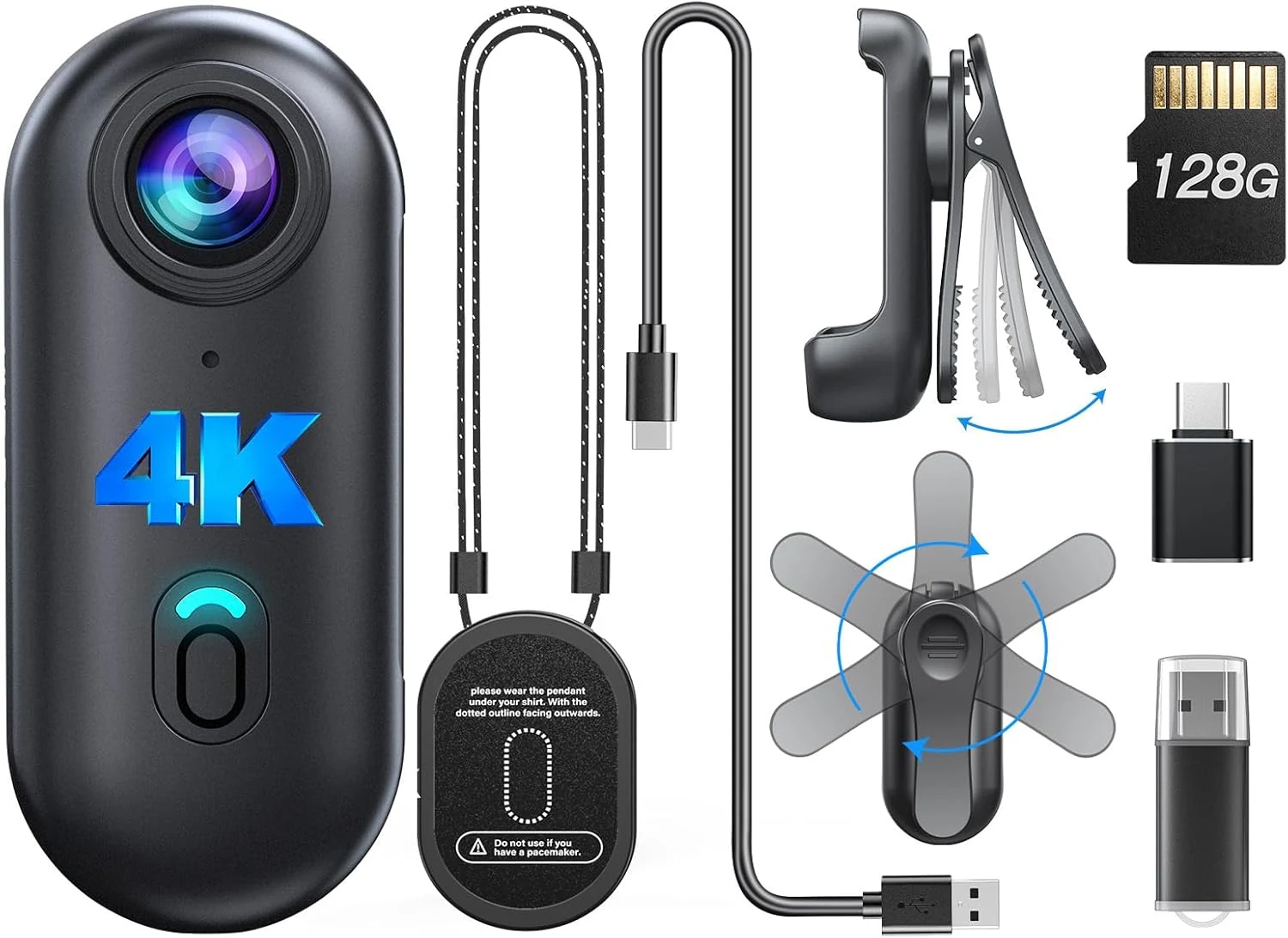 BOBLOV W4 4K Mini Body Camera,128G Wearable Camera with 360°Rotatable Clip & Magnetic Clip